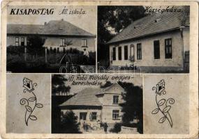 1943 Kisapostag, Állami iskola, Községháza, Ifj. Fabó Mihály üzlete, kerékpár (fl)