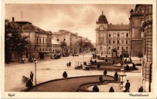 1936 Győr, Vasútállomás, piaci árusok, automobil (ázott / wet damage)