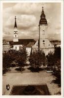 Losonc, Lucenec; katolikus és református templom / pohlad na katolicky a kalvinsky kostol / churches + "1938 Losonc visszatért" So. Stpl