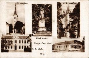 Bük, Evangélikus templom, Római katolikus iskola és templom, Hősök szobra, emlékmű, Hangya Szövetkezet üzlete (fa)