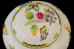 Herendi Viktoria mintás nagy bonbonier, kézzel festett, jelzett, apró kopásnyomokkal, d: 16 cm, m:14...