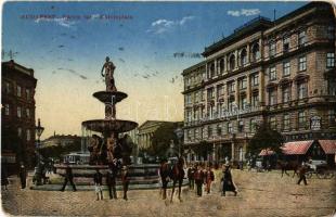 1915 Budapest VIII. Kálvin tér, szökőkút, villamos, Pesti Hazai Első Takarékpénztár Egyesület, gyógyszertár