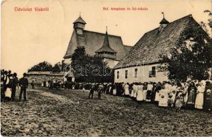 1914 Visk, Vyshkovo (Máramaros); Református templom és fiú iskola, falubeliek / Calvinist church and boy school, villagers
