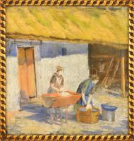 Hodászy Gábor (1905-?): Mosó asszonyok. Pasztell, papír, jelzett, üvegezett keretben, 33×31 cm