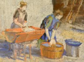 Hodászy Gábor (1905-?): Mosó asszonyok. Pasztell, papír, jelzett, üvegezett keretben, 33×31 cm