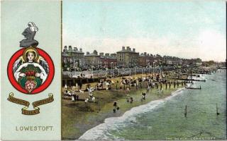 Lowestoft, beach, coat of arms, golden decoration; B. & Rs Camera Series No. 415