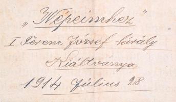 1914 Népeimhez! Ferenc József 1914. július 28. kiáltványa, amelyben hadat üzen Szerbiának, plakát. B...