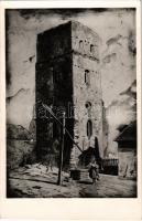 Nagyszalonta, Salonta; Csonka torony, a szalontai vár őrtornyának csonkja, épült 1640 körül. Feszty Árpád tusrajza / Turnul Ciunt / tower s: Feszty Árpád