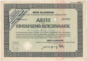 Ausztria / Bécs 1941. Erste Allgemeine Unfall- und Schadens-Versicherungs-Gesellschaft (Első Általános Baleseti és Kárbiztosítási Részvénytársaság) névre szóló részényve 1000M-ról, lyukasztással érvénytelenítve, szárazpecséttel T:III Austria / Wien 1941. Erste Allgemeine Unfall- und Schadens-Versicherungs-Gesellschaft share about 1000M, with shareholders name, invalidated with holes, embossed stamp C:F