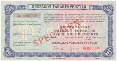 ~1970. Országos Takarékpénztár csekk 500Ft-ról, SPECIMEN (MINTA) bélyegzéssel, 000-ás sorszámmal T:I-