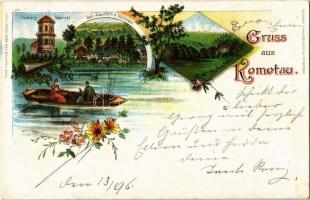 1898 Chomutov, Komotau; Hutberg Gloriet, Bad-Alaunhütte m. Hüttensee, Töltschthal / spa and lake, valley. Gebr. Pilz Art Nouveau, floral, litho