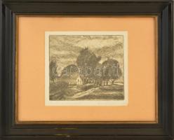 Dési Huber István (1895.1944) - Kis ház a fák alatt. Rézkarc, papír, utólagos szignóval (Désiné), üvegezett keretben, 14×16 cm