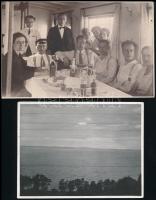 cca 1928-1931 Vegyes fotó tétel, 4 db, Tata Tóváros fürdő (1932), Balaton látkép (1931), Budapest látkép, hazafelé egy hajókirándulásról (1928), részben feliratozva, 8x13 cm és 5x8 cm közötti méretben