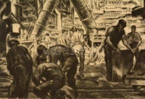 Hermann Stehr (1887-?): Munkások. Rézkarc, papír, jelzett, apró szakadással,  29×35 cm