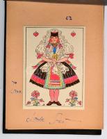 Deli Anna: Magyar népviseletek, 14 db színezett, nyomtatott kisméretű rajz, fűzött mappában