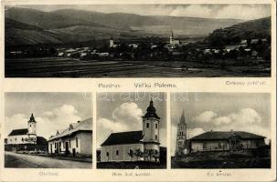 1938 Nagyveszverés, Velká Poloma (Veszverés, Gemerská Poloma); Celkovy pohlad, Obchod, Rim. kat. kostol, Ev. kostol / látkép, Római katolikus templom, Evangélikus templom / general view, Catholic church, Lutheran church (EK)