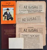 1915-1985 Vegyes könyv és papírrégiség tétel. Közte:   Szenti Tibor: Parasztvallomások. Gazdák emlékezése Vásárhelyről. Bp.,1985, Gondolat. Fekete-fehér fotókkal illusztrált. Kiadói egészvászon-kötés, kiadói papír védőborítóban.  Fővárosi Alkalmazottak Nemzeti Szövetsége Oktatóosztályának tíz esztendeje. 1925-1935. Szerk.: Dausz Gyula. Bp.,(1936), Fővárosi Alkalmazottak Nemzeti Szövetsége Oktatóosztálya, 38+2 p.+ 6 t. (fekete-fehér képtáblák.) Kiadói aranyozott egészvászon-kötésben.  1915-1920 Az Ujság 6 száma, közte 3 db 1919-essel, benne érdekes korabeli hírekkel, szakadozottak, sérültek.   1946 Légrády Ottó (1878-1948) újságíró és kiadó aláírása egy Budapest Székesfővárosa II. ker. Elöljáróságának, magánügyben küldött levélen.  1947 Tolnamegyei Kis Újság Sport 1947. okt. 18., nov. 22., hajtásnyommal, az egyik szám szélein szakadással, 2x4 sztl. lev.