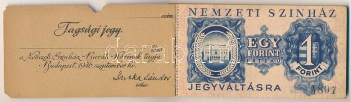 Budapest 1946-1947. "Nemzeti Színház Tagsági jegy füzet" benne 10f, 20f, 50f és 1Ft értékű...