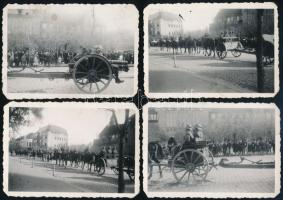 1934 Felvonulás Kecskeméten, 4 db fotó, hátuljukon feliratozva, 6×9 cm