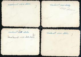 1934 Felvonulás Kecskeméten, 4 db fotó, hátuljukon feliratozva, 6×9 cm