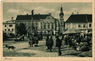 1928 Nagyszombat, Tyrnau, Trnava; Wilsonovo námestie / Wilson tér, Szentháromság szobor, piaci árusok, Rippel üzlete / square, Holy Trinity statue, market vendors, shops (EK)