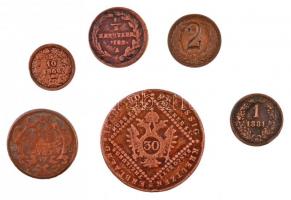 Magyarország 1901. 2f Br + Ausztria 1762W 1kr Cu + 1782A 1/2kr Cu + 1807A 30kr Cu + 1864B 5/10kr Cu ...