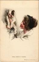 Smile, even if it hurts!, lady with dog, Reinthal & Newman Water Color Series No. 385 s: Harrison Fisher