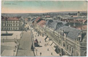 1913 Losonc, Lucenec; látkép, Halmos, Gandl üzlete, háttérben zsinagóga. Kiadja Greiner Simon / general view with synagogue and shops (ázott / wet damage)