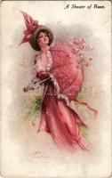 1914 A Shower of Roses, lady with umbrella, flowers, No. 15366. s: F. Aveline