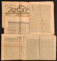 1919 Vegyes folyóirat tétel, egy kivételével hiányosak, töredékesek, 5 db:  Népszava 1919. május 1. (104.), 17. (117.), csak címlapok, 2+2 p.; Vörös újság, 1919. május 10., 3-6 p.,1919. május 22., 5-6 p., 1919. április 11., 3-4 p.; Az Est 1919. április 25., 4 p. (Teljes.)