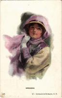 1917 Speeding, lady with hat, Gutmann & Gutmann s: Bessie Pease Gutmann (fl)