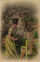 1911 Lady with flowers, garden, horse rider, M. M. Vienne M. Munk Nr. 580 s: R. R. v. Wichera