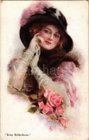 1914 'Rosy Reflections', lady with hat, flowers, No. 15324. artist signed