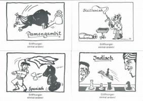 7 db MODERN használatlan sakk képeslap: sakkmegnyitás karikatúrák / 7 modern unused chess postcards: Chess opening caricatures