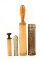 Régi konyhai eszközök: szendvicsdíszítő pumpa + hurkatöltő, fa-fém, különböző méretben