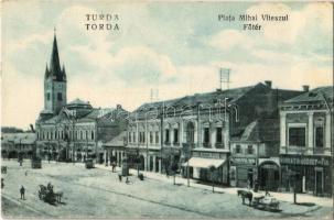 Torda, Turda; Piata Mihai Viteazul / Fő tér, Horváth József és Fia, András Géza üzlete, Gyógyszertár, Református templom. Kiadja Kiss J. / main square, shops, pharmacy, Calvinist church (EK)