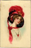 1913 Lady with hat, unsigned art postcard (surface damage)