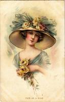 1916 Fair as a rose, lady with hat, flowers, unsigned art postcard, litho