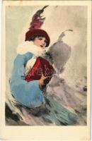 Lady with hat and fur coat, unsigned art postcard (fl)