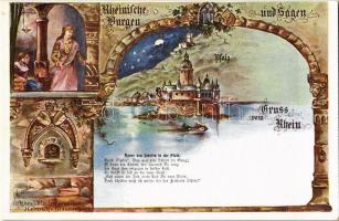 Kaub, Burg Pfalzgrafenstein, Agnes v. Staufen erwartet Heinrich v. Braunsehweig; Rheinische Burgen und Sagen, Josef Wewerka / Lady, castle, Art Nouveau s: Wewerka