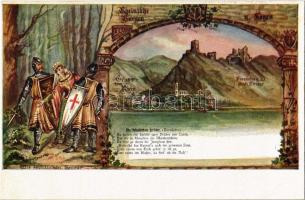 Kamp-Bornhofen, Burg Liebenstein, Die Feindlichen Brüder; Rheinische Burgen und Sagen, Josef Wewerka / knights, lady, castle, Art Nouveau s: Wewerka