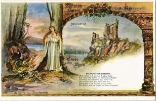 Königswinter, Burg Drachenfels, Jungfrau vom Drachenfels; Rheinische Burgen und Sagen, Josef Wewerka / lady, dragon, castle, Art Nouveau s: Wewerka