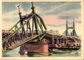 Budapest, Ferenc József híd romjai az ideiglenes pontonhíddal 1945 tavaszán. Piatnik Nándor és fiai s: Blaski János