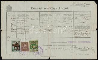 1924-1938 3 db anyakönyvi kivonat (születési, házassági), okmánybélyegekkel