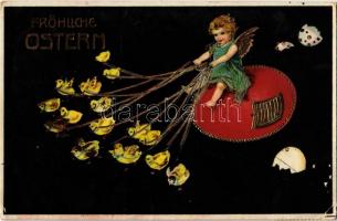 1909 Fröhliche Ostern / Easter greeting card, chickens, angel, egg, golden decoration, Emb. litho (EK)