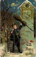 1909 Boldog újévet!, üdvözlőlap, aranyozott díszítés / New Year greeting card, chimney sweeper boy, golden decoration, litho (fl)