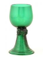 Zöld üveg talpas pohár, apró karcolásokkal, d: 6 cm, m: 12 cm.