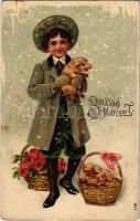 1908 Boldog újévet, üdvözlőlap, dombornyomat / New Year greeting card, boy with pigs, flowers, Emb. litho (kis szakadás / small tear)