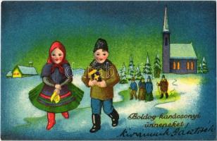 Boldog karácsonyi ünnepeket, üdvözlőlap / Christmas greeting card, winter, church, children in folk costumes, folklore