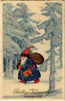 1933 Boldog karácsonyi ünnepeket, üdvözlőlap, Erika Nr. 6035 / Christmas greeting card, Santa Claus, winter forest, litho